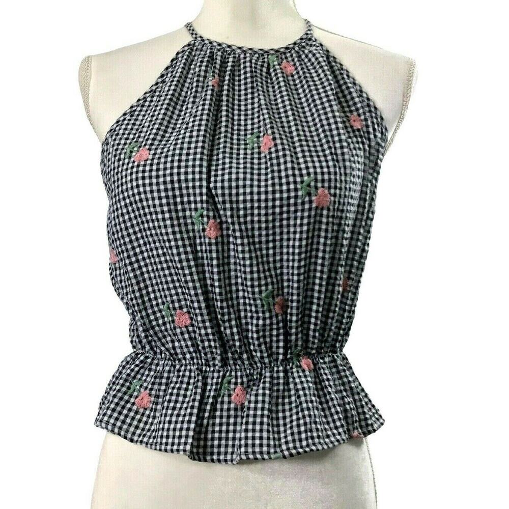 Anna Grace Gingham Top Womens Small Black White Pink Embroidered Flowers‎ Summer